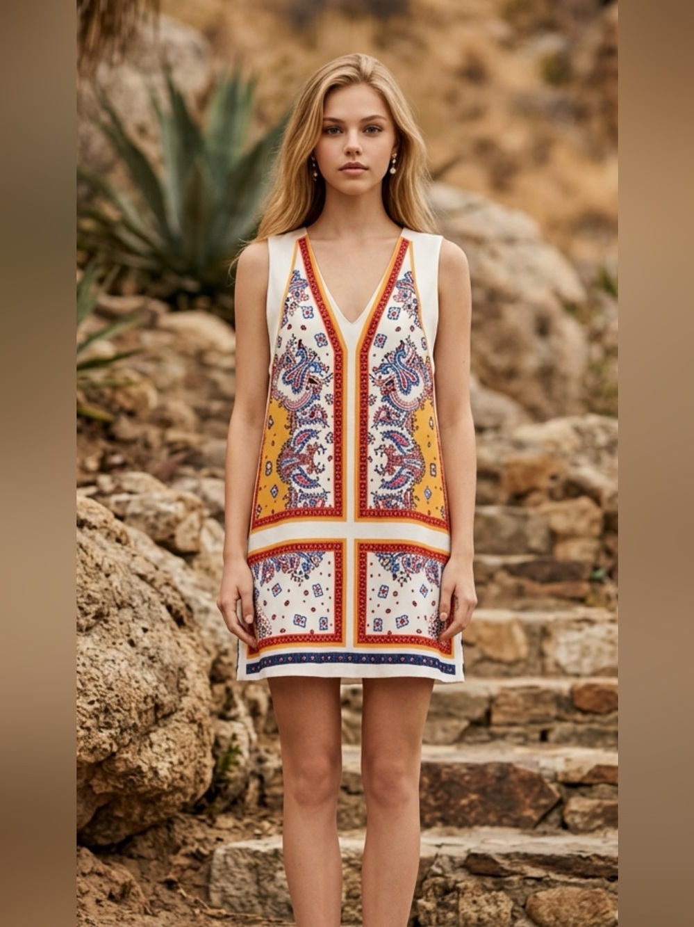 Zara Sleeveless V-Neck Mini Dress in White, Mustard & Red
